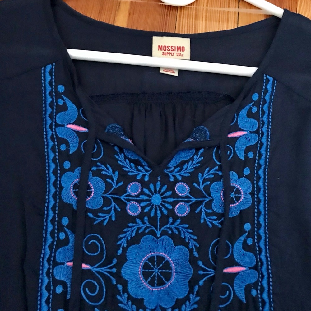 Navy 3/4 Sleeve Embroidered Blouse